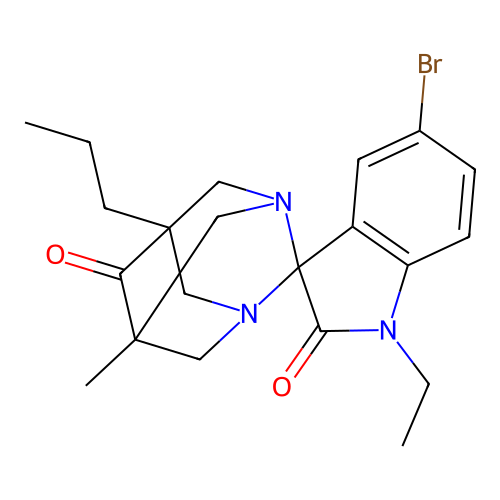 (1S,5R,7S)-5'-bromo-1'-ethyl-5-methyl-7-propyl-1,3-diazaspiro[adamantane-2,3'-indoline]-2',6-dione structure