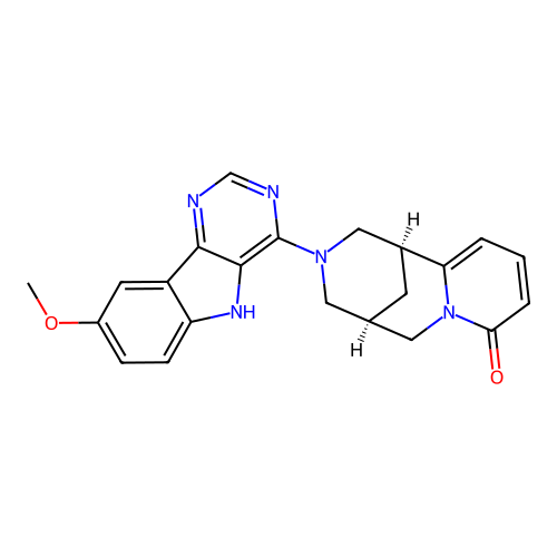 (1R,5S)-3-(8-methoxy-5H-pyrimido[5,4-b]indol-4-yl)-3,4,5,6-tetrahydro-1H-1,5-methanopyrido[1,2-a][1,5]diazocin-8(2H)-one structure