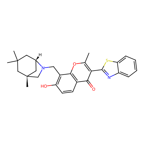 3-(1,3-benzothiazol-2-yl)-7-hydroxy-2-methyl-8-[[(1S,5R)-3,3,5-trimethyl-7-azabicyclo[3.2.1]octan-7-yl]methyl]chromen-4-one structure