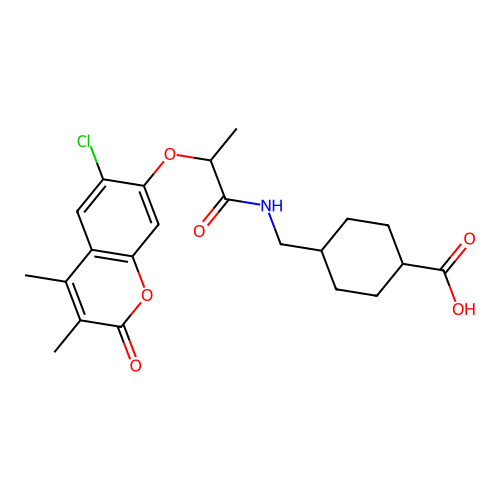 (1r,4r)-4-((2-((6-chloro-3,4-dimethyl-2-oxo-2H-chromen-7-yl)oxy)propanamido)methyl)cyclohexanecarboxylic acid structure