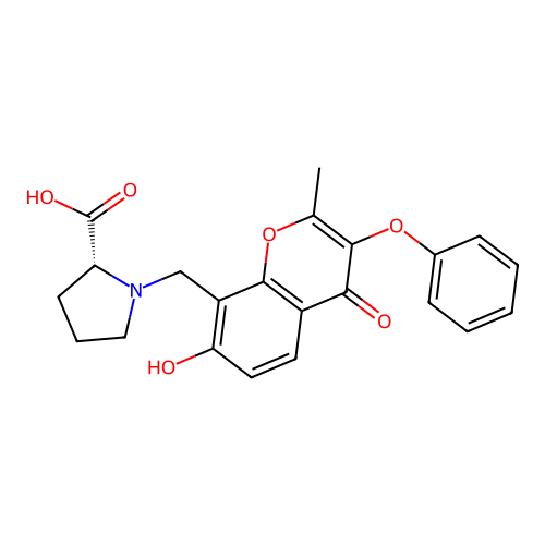 1-[(7-hydroxy-2-methyl-4-oxo-3-phenoxy-4H-chromen-8-yl)methyl]-D-proline structure
