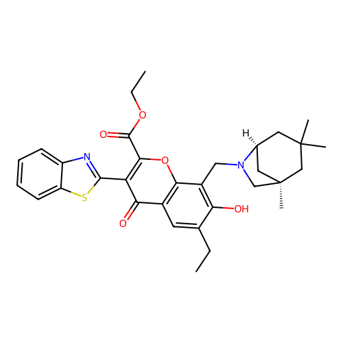ethyl 3-(1,3-benzothiazol-2-yl)-6-ethyl-7-hydroxy-4-oxo-8-[[(1S,5R)-3,3,5-trimethyl-7-azabicyclo[3.2.1]octan-7-yl]methyl]chromene-2-carboxylate structure
