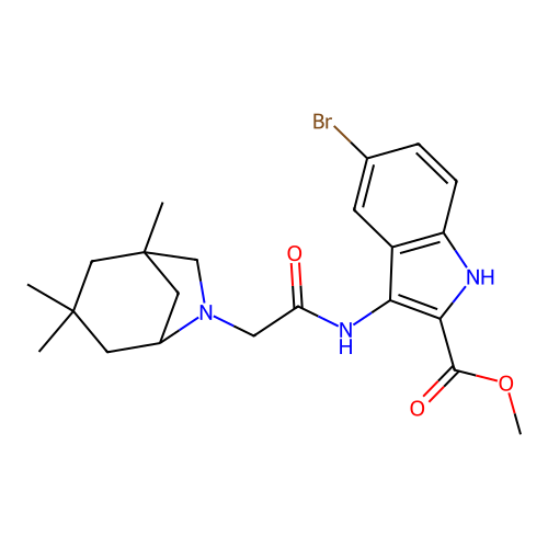 methyl 5-bromo-3-(2-((1S,5R)-1,3,3-trimethyl-6-azabicyclo[3.2.1]octan-6-yl)acetamido)-1H-indole-2-carboxylate structure