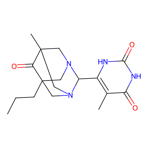 2-(6-hydroxy-5-methyl-2-oxo-2,3-dihydropyrimidin-4-yl)-5-methyl-7-propyl-1,3-diazatricyclo[3.3.1.1~3,7~]decan-6-one structure