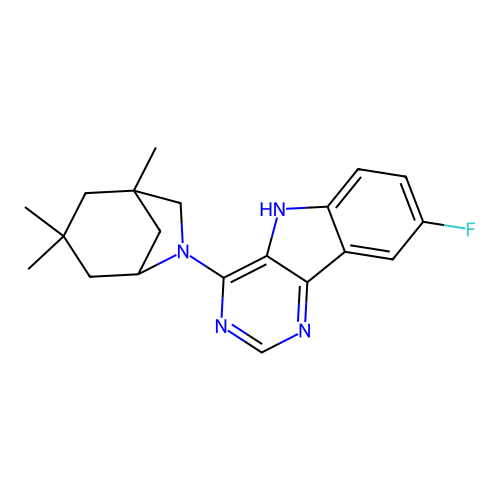 8-fluoro-4-(1,3,3-trimethyl-6-azabicyclo[3.2.1]oct-6-yl)-5H-pyrimido[5,4-b]indole structure