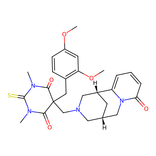 5-(2,4-dimethoxybenzyl)-1,3-dimethyl-5-(((1R,5S)-8-oxo-5,6-dihydro-1H-1,5-methanopyrido[1,2-a][1,5]diazocin-3(2H,4H,8H)-yl)methyl)-2-thioxodihydropyrimidine-4,6(1H,5H)-dione structure
