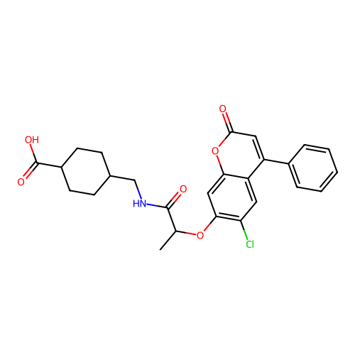 (1r,4r)-4-((2-((6-chloro-2-oxo-4-phenyl-2H-chromen-7-yl)oxy)propanamido)methyl)cyclohexanecarboxylic acid structure