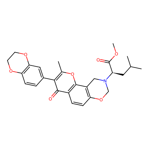 (R)-methyl 2-(3-(2,3-dihydrobenzo[b][1,4]dioxin-6-yl)-2-methyl-4-oxochromeno[8,7-e][1,3]oxazin-9(4H,8H,10H)-yl)-4-methylpentanoate structure