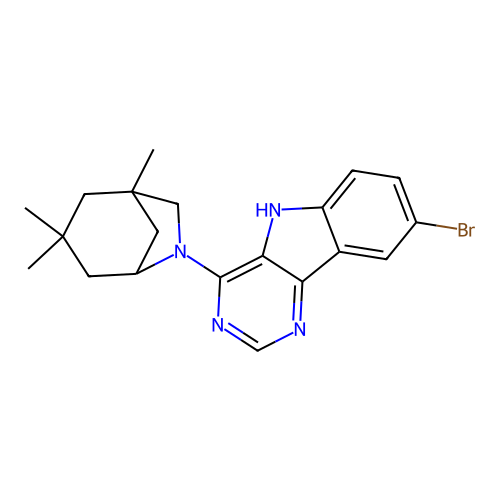 8-bromo-4-(3,3,5-trimethyl-7-azabicyclo[3.2.1]octan-7-yl)-5H-pyrimido[5,4-b]indole structure