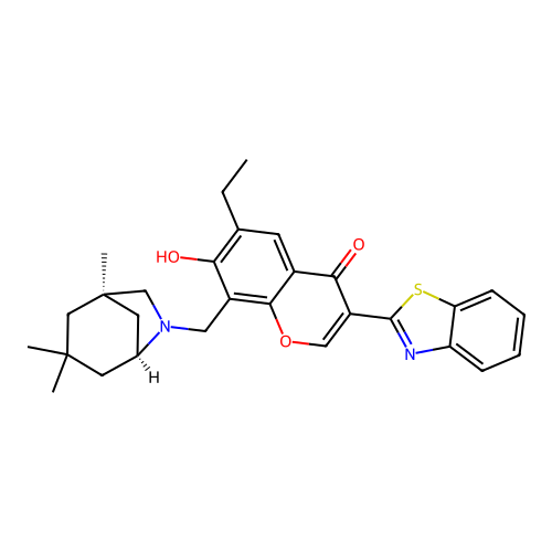 3-(1,3-benzothiazol-2-yl)-6-ethyl-7-hydroxy-8-[[(1S,5R)-3,3,5-trimethyl-7-azabicyclo[3.2.1]octan-7-yl]methyl]chromen-4-one structure