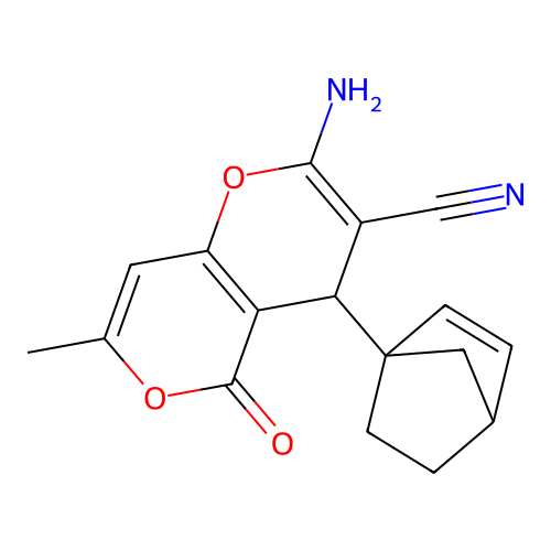 2-amino-4-((1S,4S)-bicyclo[2.2.1]hept-2-en-1-yl)-7-methyl-5-oxo-4,5-dihydropyrano[4,3-b]pyran-3-carbonitrile structure