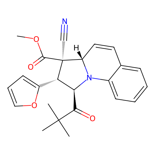 (1R,2R,3R,3aS)-methyl 3-cyano-2-(furan-2-yl)-1-pivaloyl-1,2,3,3a-tetrahydropyrrolo[1,2-a]quinoline-3-carboxylate structure