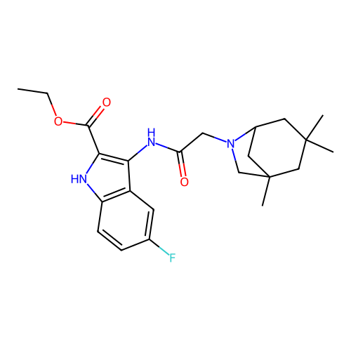 ethyl 5-fluoro-3-(2-((1S,5R)-1,3,3-trimethyl-6-azabicyclo[3.2.1]octan-6-yl)acetamido)-1H-indole-2-carboxylate structure
