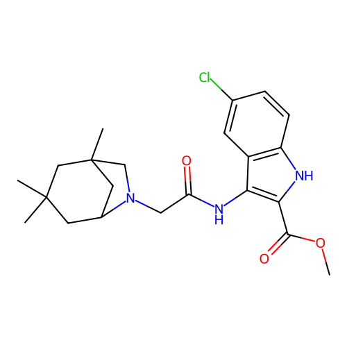 methyl 5-chloro-3-(2-((1S,5R)-1,3,3-trimethyl-6-azabicyclo[3.2.1]octan-6-yl)acetamido)-1H-indole-2-carboxylate structure