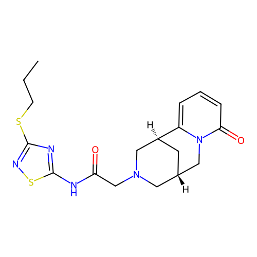 2-((1R,5S)-8-oxo-5,6-dihydro-1H-1,5-methanopyrido[1,2-a][1,5]diazocin-3(2H,4H,8H)-yl)-N-(3-(propylthio)-1,2,4-thiadiazol-5-yl)acetamide structure