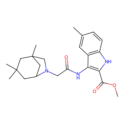 methyl 5-methyl-3-(2-((1S,5R)-1,3,3-trimethyl-6-azabicyclo[3.2.1]octan-6-yl)acetamido)-1H-indole-2-carboxylate structure