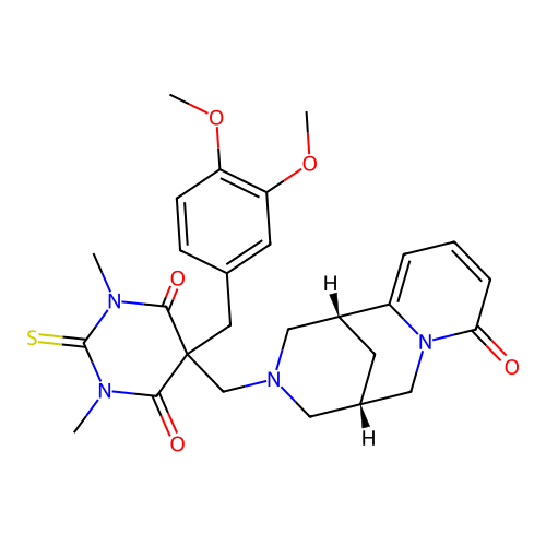 5-(3,4-dimethoxybenzyl)-1,3-dimethyl-5-(((1R,5S)-8-oxo-5,6-dihydro-1H-1,5-methanopyrido[1,2-a][1,5]diazocin-3(2H,4H,8H)-yl)methyl)-2-thioxodihydropyrimidine-4,6(1H,5H)-dione structure