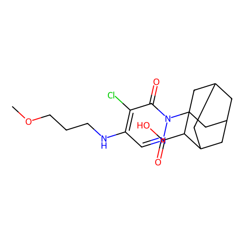 1-{5-chloro-4-[(3-methoxypropyl)amino]-6-oxopyridazin-1(6H)-yl}tricyclo[3.3.1.1~3,7~]decane-2-carboxylic acid structure