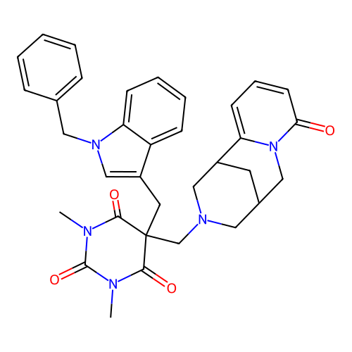 5-((1-benzyl-1H-indol-3-yl)methyl)-1,3-dimethyl-5-(((1R,5S)-8-oxo-5,6-dihydro-1H-1,5-methanopyrido[1,2-a][1,5]diazocin-3(2H,4H,8H)-yl)methyl)pyrimidine-2,4,6(1H,3H,5H)-trione structure
