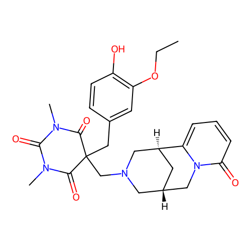 5-(3-ethoxy-4-hydroxybenzyl)-1,3-dimethyl-5-(((1R,5S)-8-oxo-5,6-dihydro-1H-1,5-methanopyrido[1,2-a][1,5]diazocin-3(2H,4H,8H)-yl)methyl)pyrimidine-2,4,6(1H,3H,5H)-trione structure
