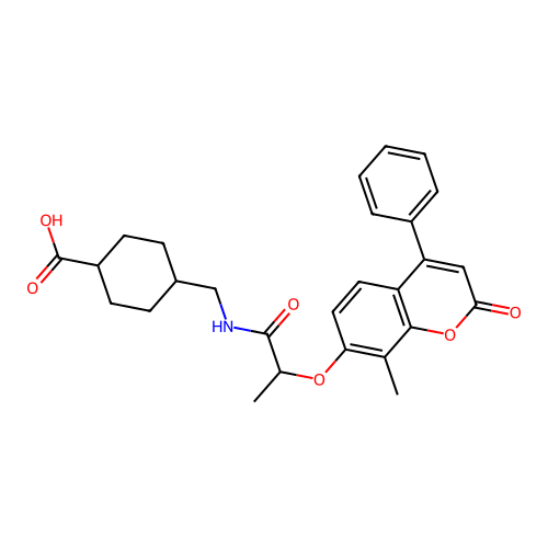 (1r,4r)-4-((2-((8-methyl-2-oxo-4-phenyl-2H-chromen-7-yl)oxy)propanamido)methyl)cyclohexanecarboxylic acid structure