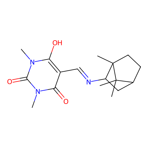 1,3-dimethyl-5-(((1,7,7-trimethylbicyclo[2.2.1]heptan-2-yl)amino)methylene)pyrimidine-2,4,6(1H,3H,5H)-trione structure