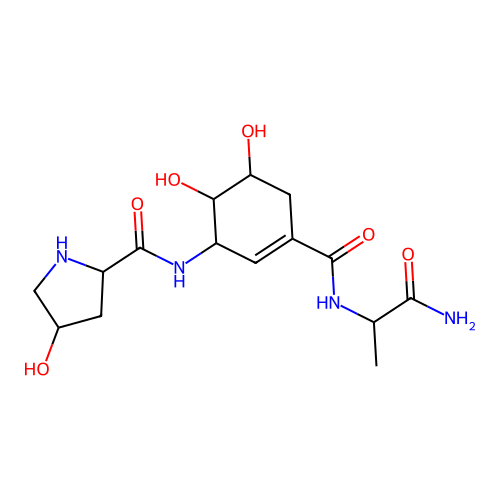 (2S,4R)-N-[(1R,5R,6R)-3-[[(2R)-1-amino-1-oxopropan-2-yl]carbamoyl]-5,6-dihydroxycyclohex-2-en-1-yl]-4-hydroxypyrrolidine-2-carboxamide structure