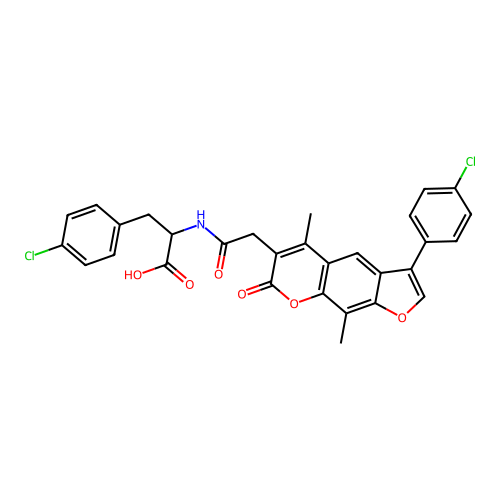 3-(4-chlorophenyl)-2-(2-(3-(4-chlorophenyl)-5,9-dimethyl-7-oxo-7H-furo[3,2-g]chromen-6-yl)acetamido)propanoic acid structure
