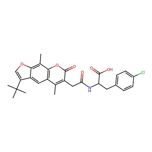 2-(2-(3-(tert-butyl)-5,9-dimethyl-7-oxo-7H-furo[3,2-g]chromen-6-yl)acetamido)-3-(4-chlorophenyl)propanoic acid structure