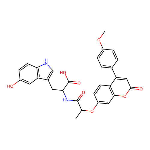 3-(5-hydroxy-1H-indol-3-yl)-2-(2-((4-(4-methoxyphenyl)-2-oxo-2H-chromen-7-yl)oxy)propanamido)propanoic acid structure