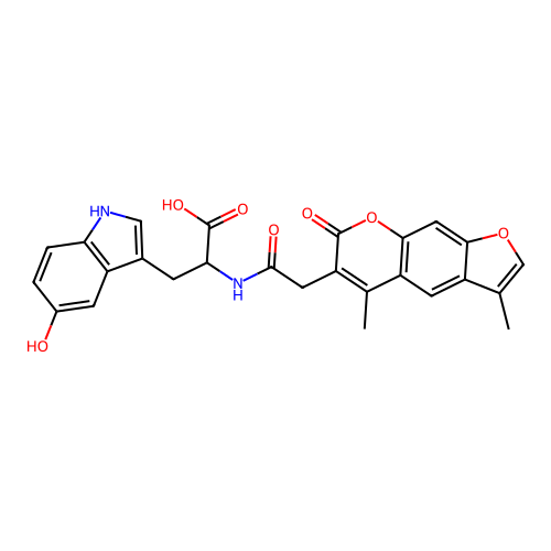 2-(2-(3,5-dimethyl-7-oxo-7H-furo[3,2-g]chromen-6-yl)acetamido)-3-(5-hydroxy-1H-indol-3-yl)propanoic acid structure