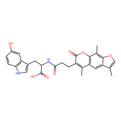 3-(5-hydroxy-1H-indol-3-yl)-2-(3-(3,5,9-trimethyl-7-oxo-7H-furo[3,2-g]chromen-6-yl)propanamido)propanoic acid structure
