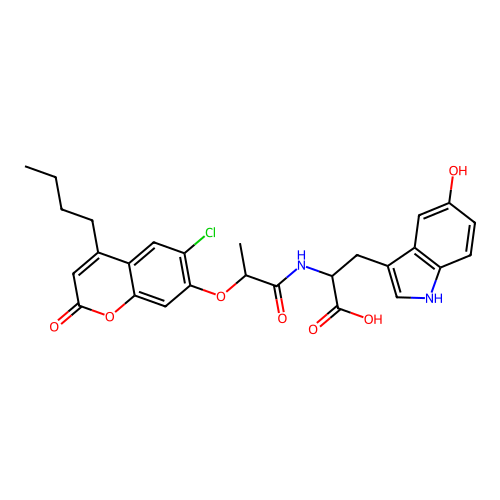 2-(2-((4-butyl-6-chloro-2-oxo-2H-chromen-7-yl)oxy)propanamido)-3-(5-hydroxy-1H-indol-3-yl)propanoic acid structure