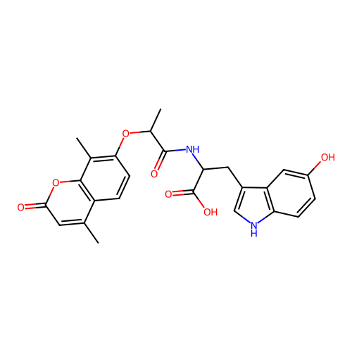 2-(2-((4,8-dimethyl-2-oxo-2H-chromen-7-yl)oxy)propanamido)-3-(5-hydroxy-1H-indol-3-yl)propanoic acid structure