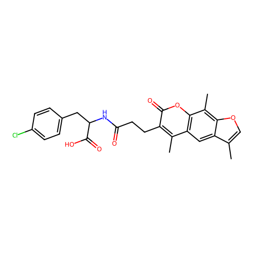 3-(4-chlorophenyl)-2-(3-(3,5,9-trimethyl-7-oxo-7H-furo[3,2-g]chromen-6-yl)propanamido)propanoic acid structure