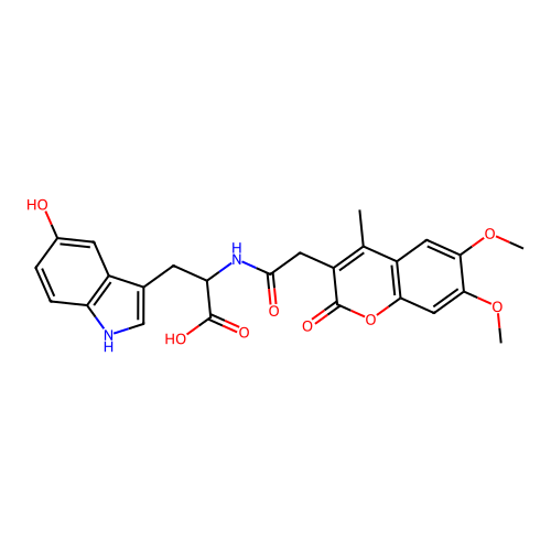 2-(2-(6,7-dimethoxy-4-methyl-2-oxo-2H-chromen-3-yl)acetamido)-3-(5-hydroxy-1H-indol-3-yl)propanoic acid structure