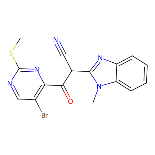 3-(5-bromo-2-(methylthio)pyrimidin-4-yl)-2-(1-methyl-1H-benzo[d]imidazol-2-yl)-3-oxopropanenitrile structure