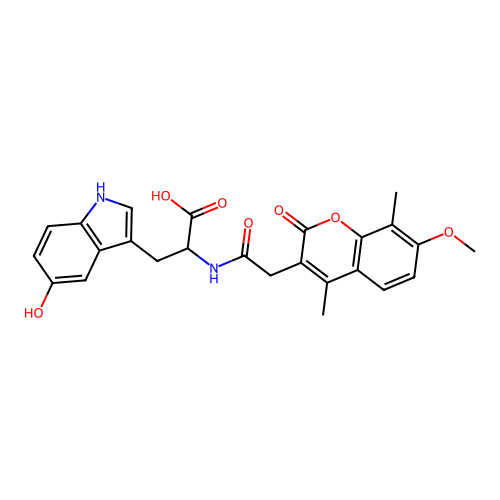 3-(5-hydroxy-1H-indol-3-yl)-2-(2-(7-methoxy-4,8-dimethyl-2-oxo-2H-chromen-3-yl)acetamido)propanoic acid structure