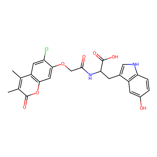 2-(2-((6-chloro-3,4-dimethyl-2-oxo-2H-chromen-7-yl)oxy)acetamido)-3-(5-hydroxy-1H-indol-3-yl)propanoic acid structure