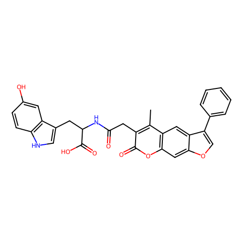 3-(5-hydroxy-1H-indol-3-yl)-2-(2-(5-methyl-7-oxo-3-phenyl-7H-furo[3,2-g]chromen-6-yl)acetamido)propanoic acid structure