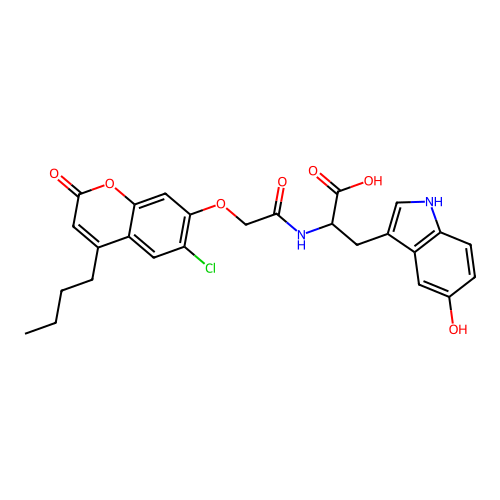 2-(2-((4-butyl-6-chloro-2-oxo-2H-chromen-7-yl)oxy)acetamido)-3-(5-hydroxy-1H-indol-3-yl)propanoic acid structure