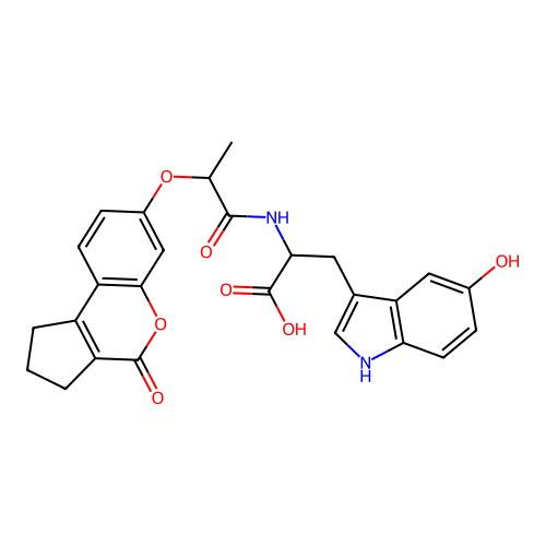 3-(5-hydroxy-1H-indol-3-yl)-2-(2-((4-oxo-1,2,3,4-tetrahydrocyclopenta[c]chromen-7-yl)oxy)propanamido)propanoic acid structure
