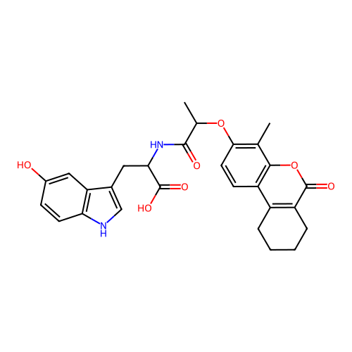 3-(5-hydroxy-1H-indol-3-yl)-2-(2-((4-methyl-6-oxo-7,8,9,10-tetrahydro-6H-benzo[c]chromen-3-yl)oxy)propanamido)propanoic acid structure