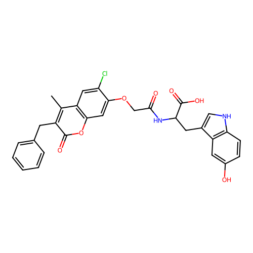 2-(2-((3-benzyl-6-chloro-4-methyl-2-oxo-2H-chromen-7-yl)oxy)acetamido)-3-(5-hydroxy-1H-indol-3-yl)propanoic acid structure