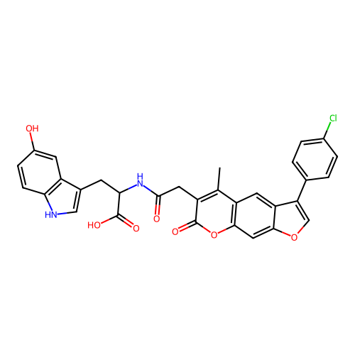 2-(2-(3-(4-chlorophenyl)-5-methyl-7-oxo-7H-furo[3,2-g]chromen-6-yl)acetamido)-3-(5-hydroxy-1H-indol-3-yl)propanoic acid structure