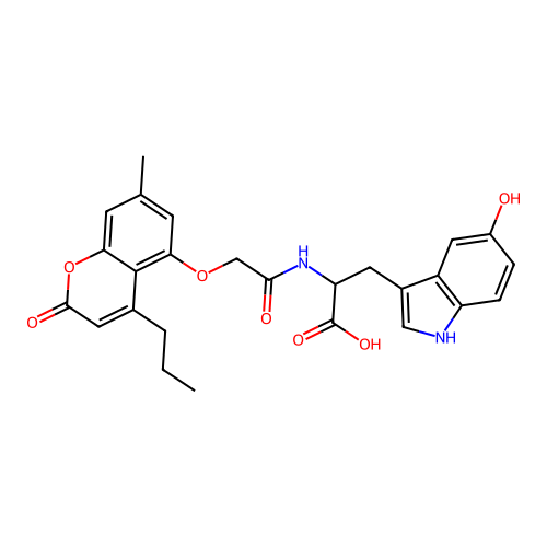3-(5-hydroxy-1H-indol-3-yl)-2-(2-((7-methyl-2-oxo-4-propyl-2H-chromen-5-yl)oxy)acetamido)propanoic acid structure