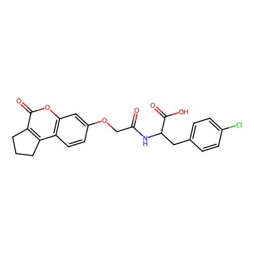 3-(4-chlorophenyl)-2-(2-((4-oxo-1,2,3,4-tetrahydrocyclopenta[c]chromen-7-yl)oxy)acetamido)propanoic acid structure