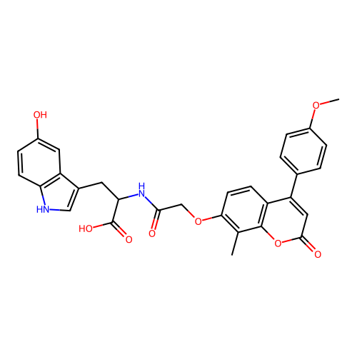 3-(5-hydroxy-1H-indol-3-yl)-2-(2-((4-(4-methoxyphenyl)-8-methyl-2-oxo-2H-chromen-7-yl)oxy)acetamido)propanoic acid structure