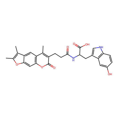 3-(5-hydroxy-1H-indol-3-yl)-2-(3-(2,3,5-trimethyl-7-oxo-7H-furo[3,2-g]chromen-6-yl)propanamido)propanoic acid structure