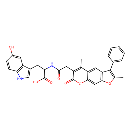 2-(2-(2,5-dimethyl-7-oxo-3-phenyl-7H-furo[3,2-g]chromen-6-yl)acetamido)-3-(5-hydroxy-1H-indol-3-yl)propanoic acid structure